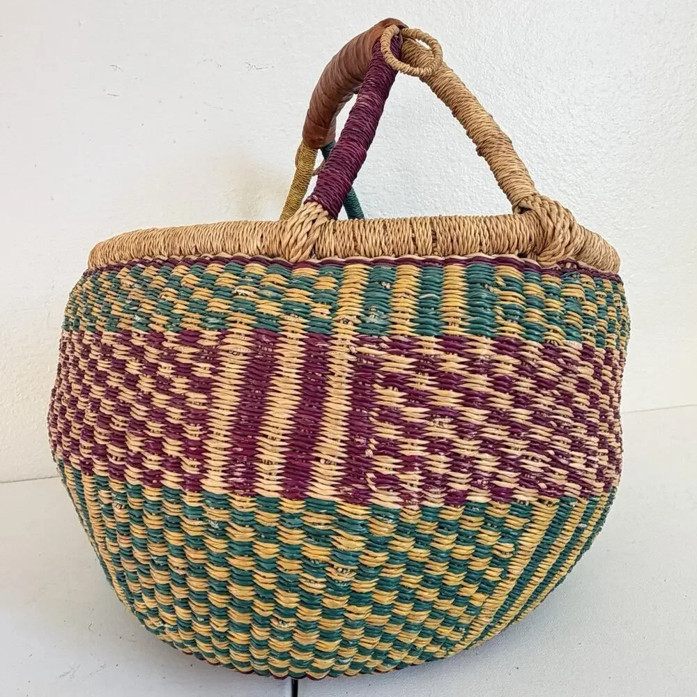 Vintage Handwoven African Bolga Market Basket Leather Handle Ghana Woven Tote 15